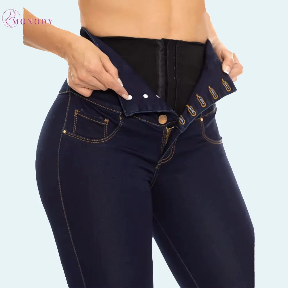 Women High Waist Stretch 5 Button Jeans Push Up Butt Lifting Skinny Colombian Jeans with Internal Girdle Curvy Denim Pants