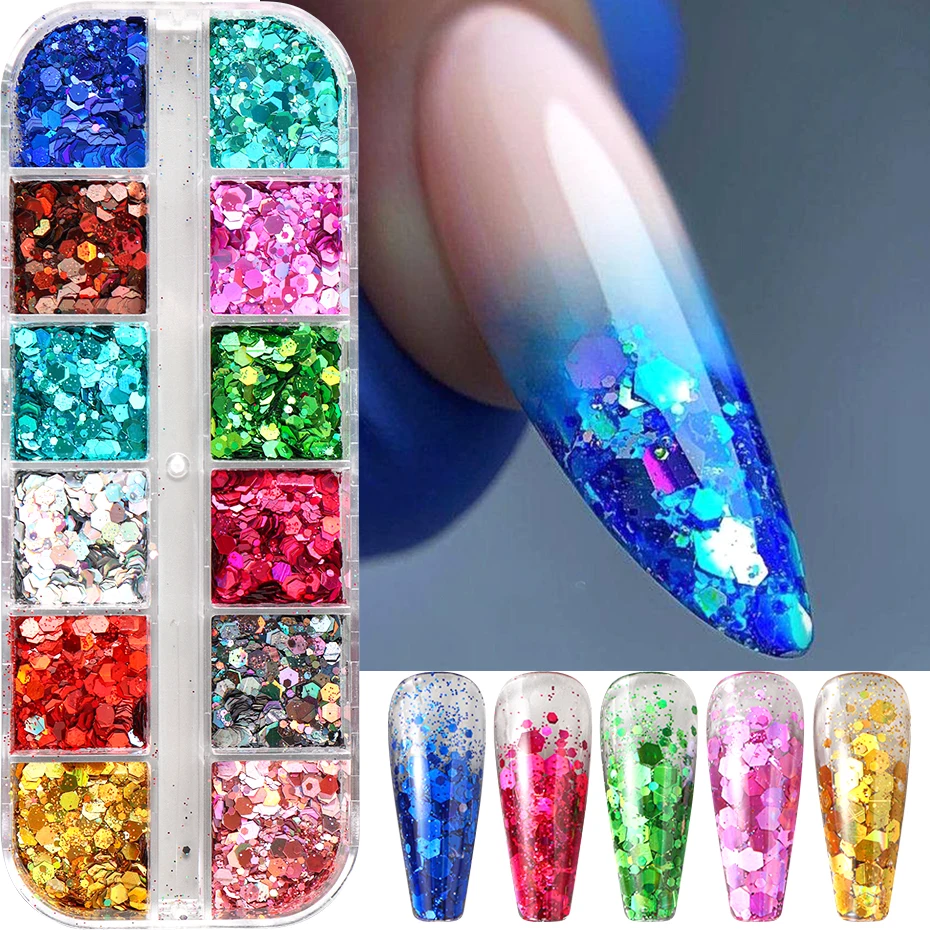 12 Colors Sparkly Holographic Nail Art Glitter Sequins Laser 3D Hexagon Flakes Nail Powder Makeup Nail Art Decorations Manicure