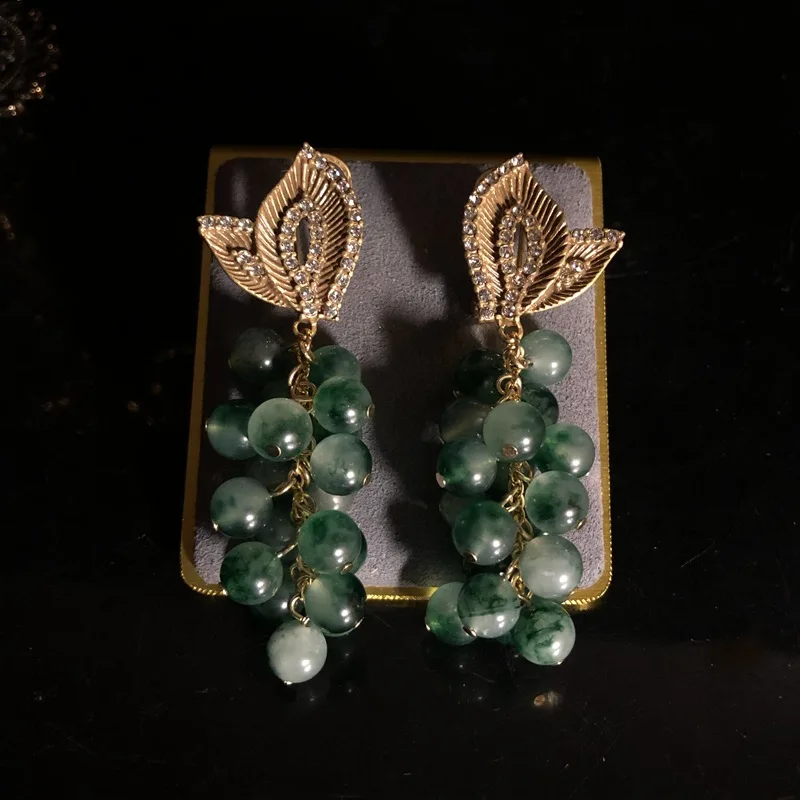 Grape string aquatic plant agate bead earrings for women retro old gold inlaid gems diamonds medieval versatile jewelry
