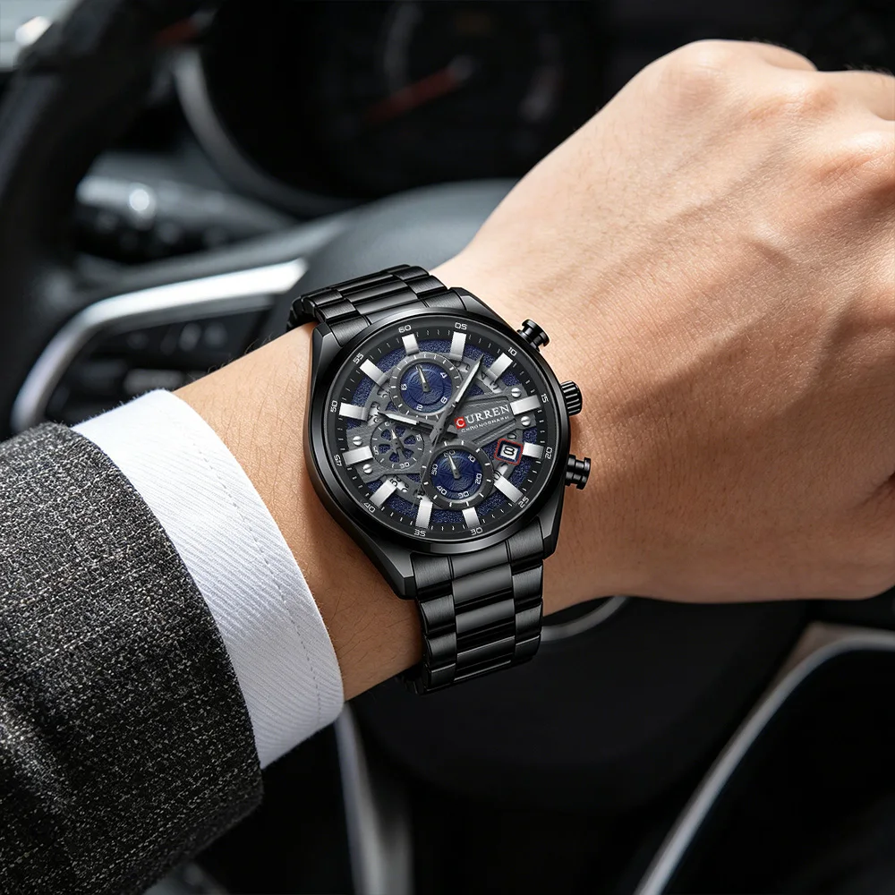 CURREN Men's Chronograph Watch Sport Wristwatch for Men Fashion Design Dial with Date Stainless Steel Band Relogio Masculino