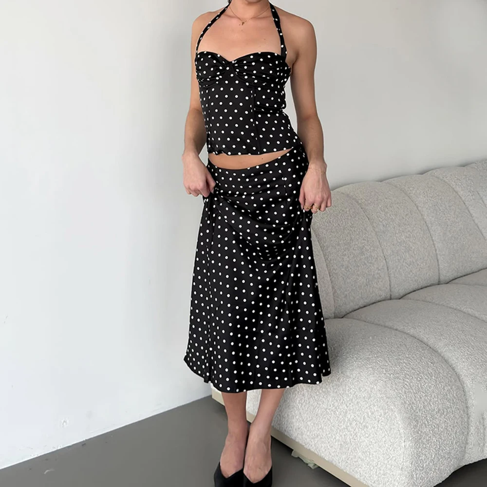 Letni Zestaw Sukienek Tuularose, 2-częściowy, Damski, Seksowny Top w Kropki, Casualowe Zestawy Spódnic Maxi, Casualowe Zestawy Sukienek na Imprezę, Wakacje, Styl Y2k, Damski Zestaw Sukienek