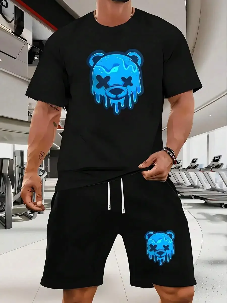 

Mens Two Piece Set Blue Melting Bear Pattern T-Shirt And Shorts 100% Polyester Casual Streetwear