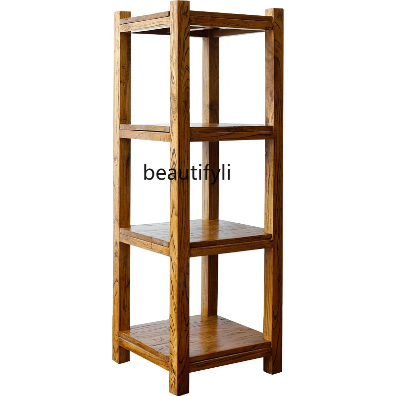 

S Old Elm Wood Shelf Simple Modern Design Log Furniture Multi-Functional Solid Wood Storage Shelf Layer Floor Flower Stand