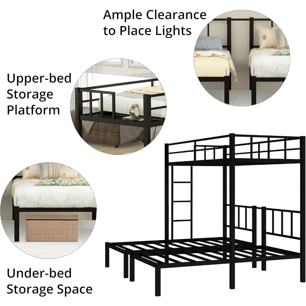 Drievoudig stapelbed, metalen Twin Over Twin & Twin stapelbedden voor 3 personen met leuningen, ladder en bovenbedplatform, afneembare 3 stapelbedden