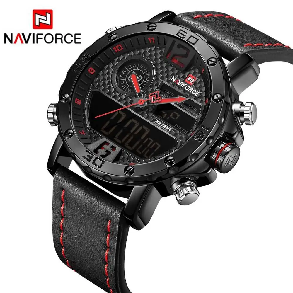 NAVIFORCE NF9134 western dongguan man watch original Leather Strap 2 time zone chronometer water resist Calendar wristwatch set