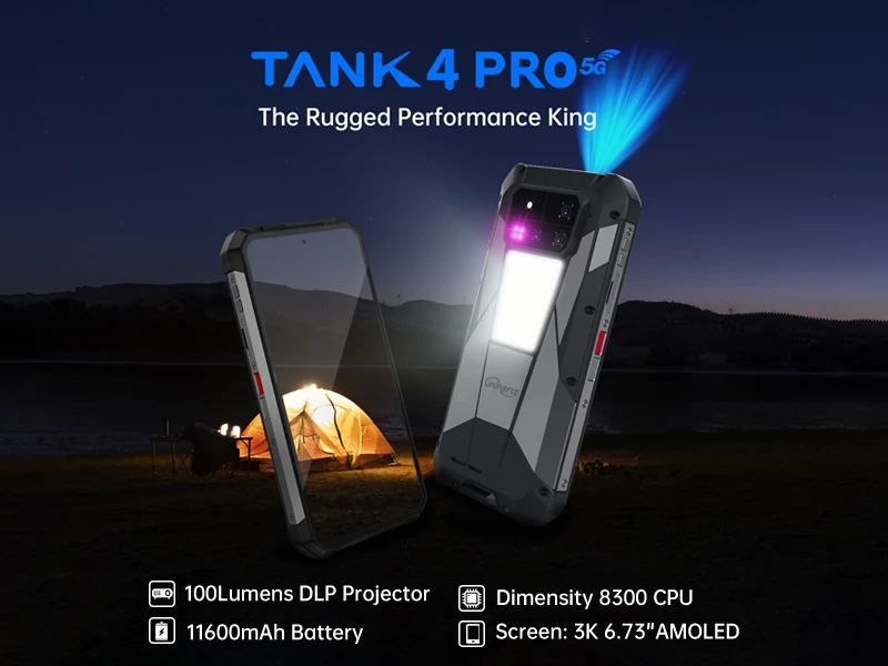 Unihertz Tank 4 Pro 8849 Rugged Phone 5G AI Built-in 720P Projector IP68/69 Dimensity 8300 512GB/1TB ROM 16GB/18GB RAM 3k AMOLED
