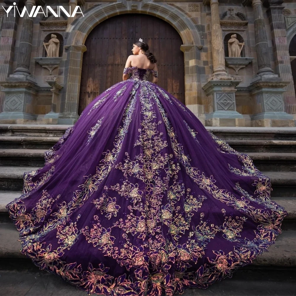 Vestidos de Fiesta de quinceañra con apliques de lentejuelas brillantes, Vestidos románticos de princesa con cuello en forma de corazón, Vestido largo de lujo púrpura dulce 16