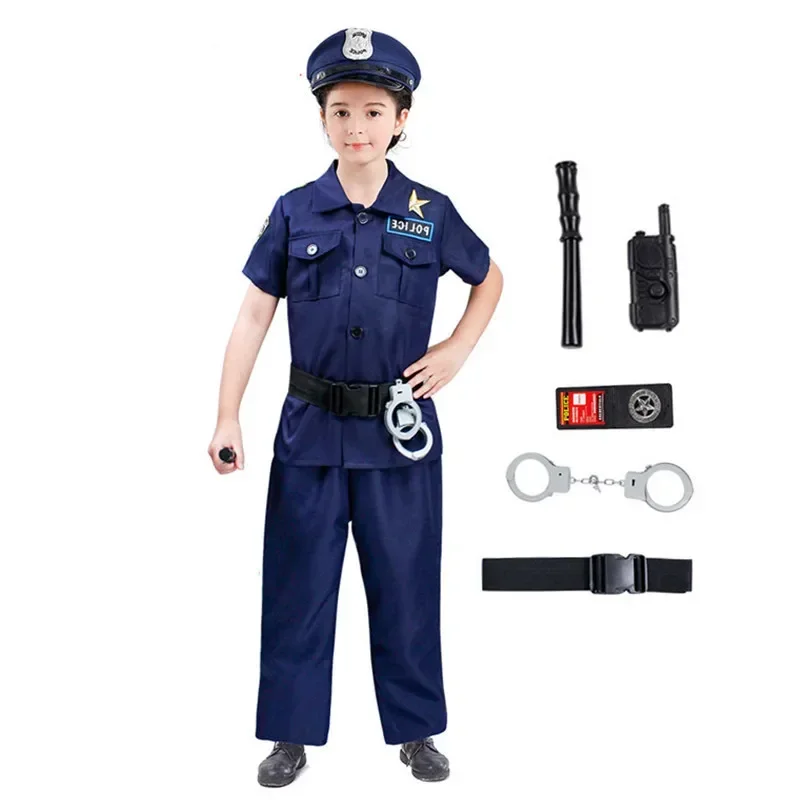 Child Police Officer Costume and Role Play Police Costume for Kids Halloween Cosplay Dress Up with Handcuffs Badge Toys Gifts