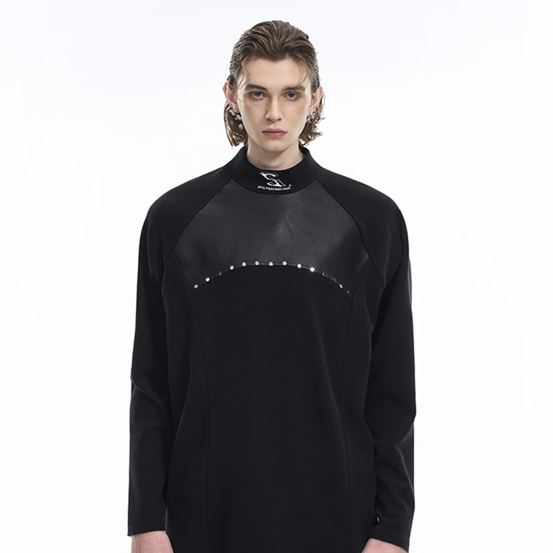 LUZHEN T-shirts Long Sleeve Embroidered Splicing Leather Spring High Collar Bottom Shirt Original Male Casual Trendy Tops LZ8074