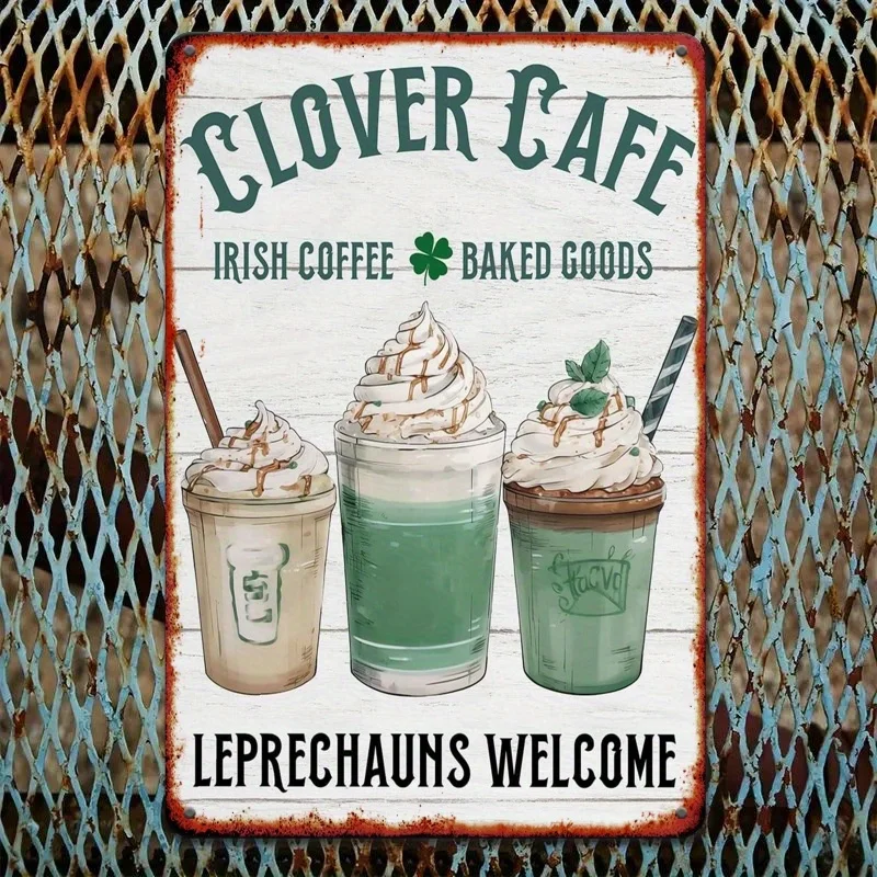 2D Metal Sign, 8x12 Inch Green Shamrock Irish Coffee Cup Wall Decor, Rustic Farmhouse Style for Home Office Porch, Ireland Theme