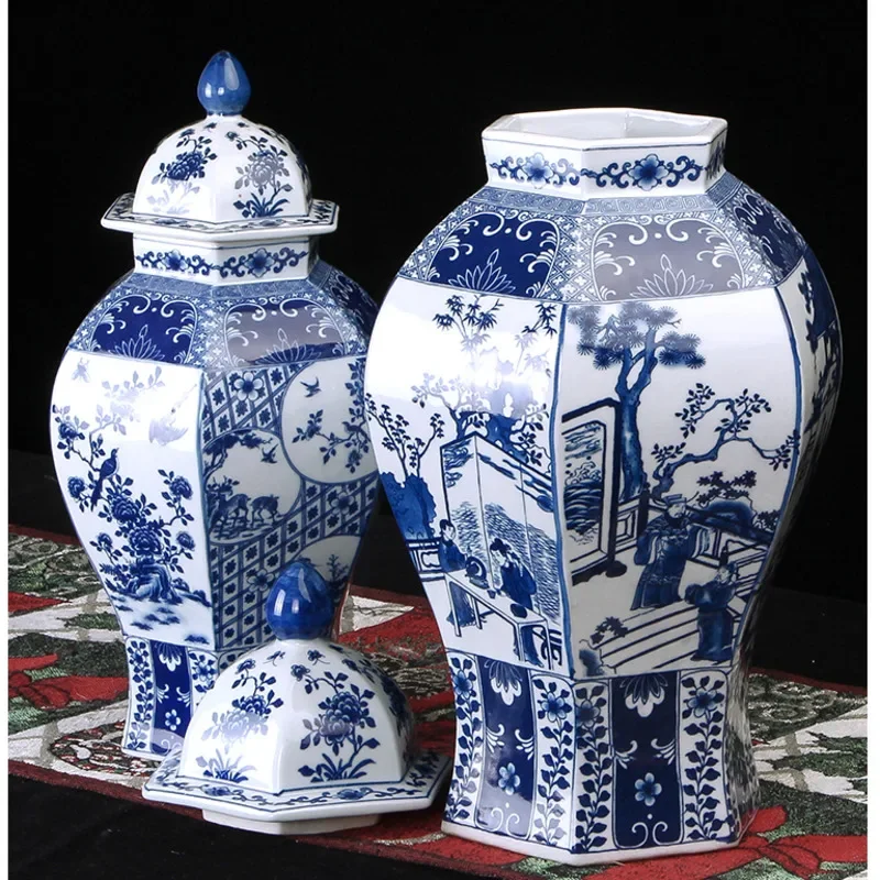 Chinese Style Flower Vase Blue and White Ceramic General\'s Jar Six Sided Pattern Tabletop Vase TV Cabinet Porcelain Ornaments