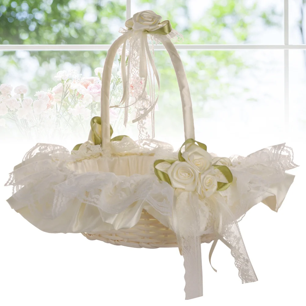 Wedding Flower Girl Basket Lace Milk White Ideal for Ceremony Party Decoration Romantic Flower Petal Holder for Weddings