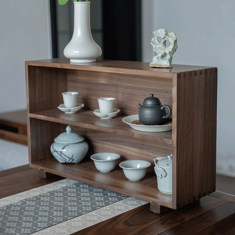 Black walnut desktop shelf solid wood double tea room desk storage shelf new Chinese sundries storage shelf