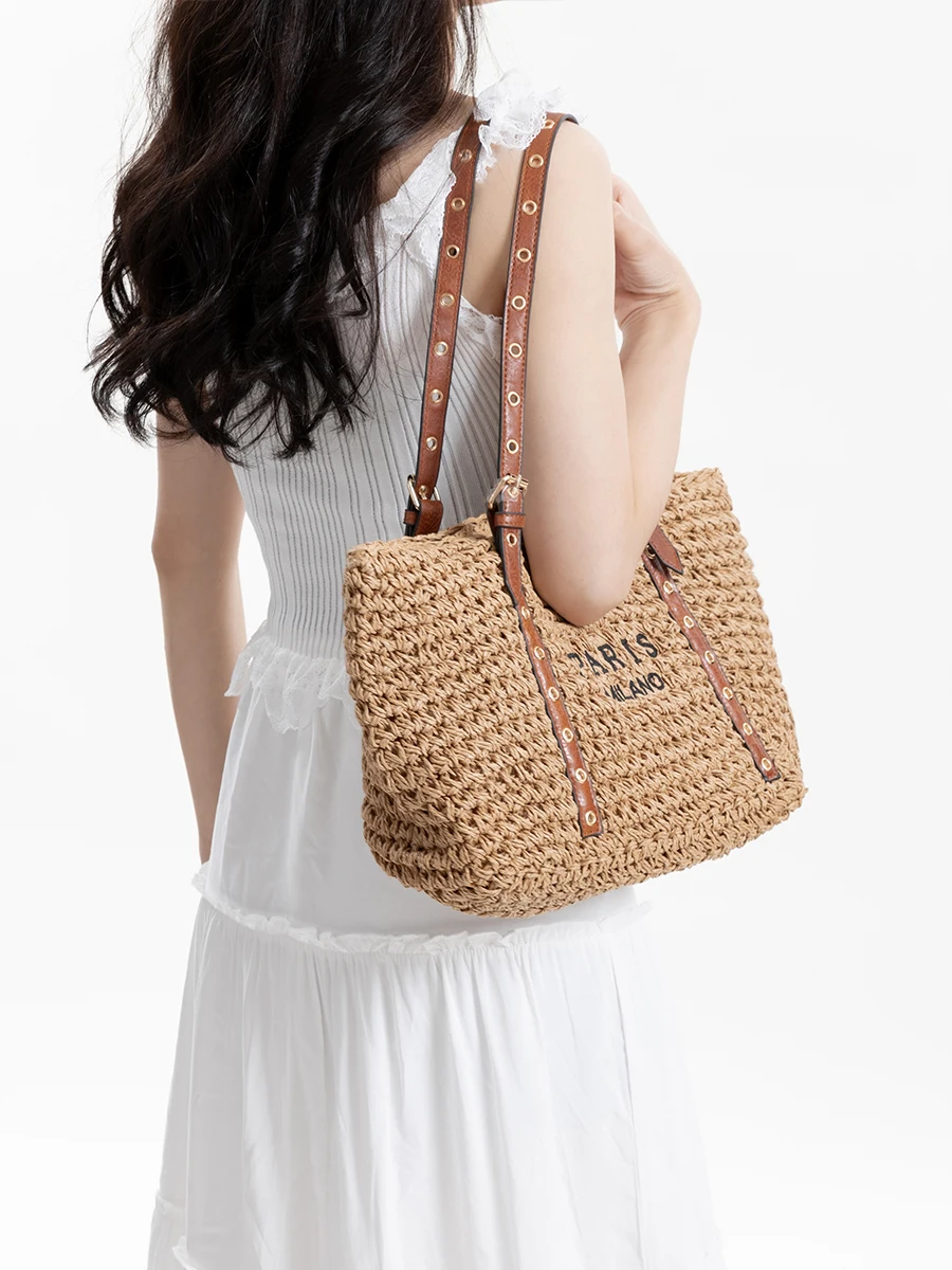 MABULA Rock Style Straw Woven Beach Tote Bag Brand Designer 2024 Summer Handwoven Travel Purse Big Shopping Handbag