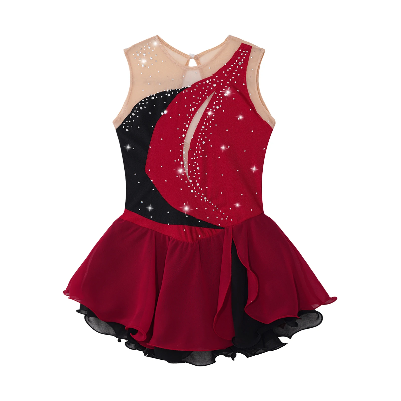 Kids Girls Shiny Rhinestone Figure Skating Dress Round Collar Hollow Back Ruffle Gymnastics Ballet Jersey Lyrical Dance Dress