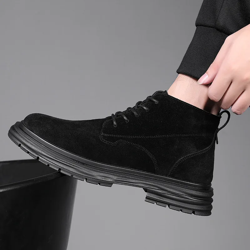 

men's casual autumn winter boots cow suede leather shoes lace-up cowboy platform boot business office dress ankle botas zapatos