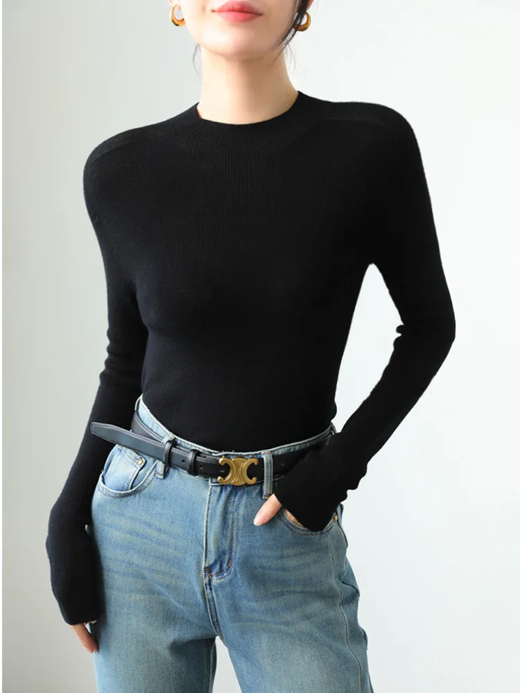 Half High Collar 100% Pure Wool Sweater Women Seamless Slim Long Sleeve Basic Knit Pullover Tops