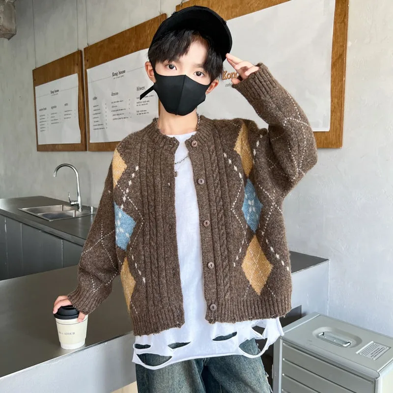 

2025 Autumn Winter Korean Retro Cardigan Sweater for Big Kids Boys - Trendy Knit Coat Kids Sweater