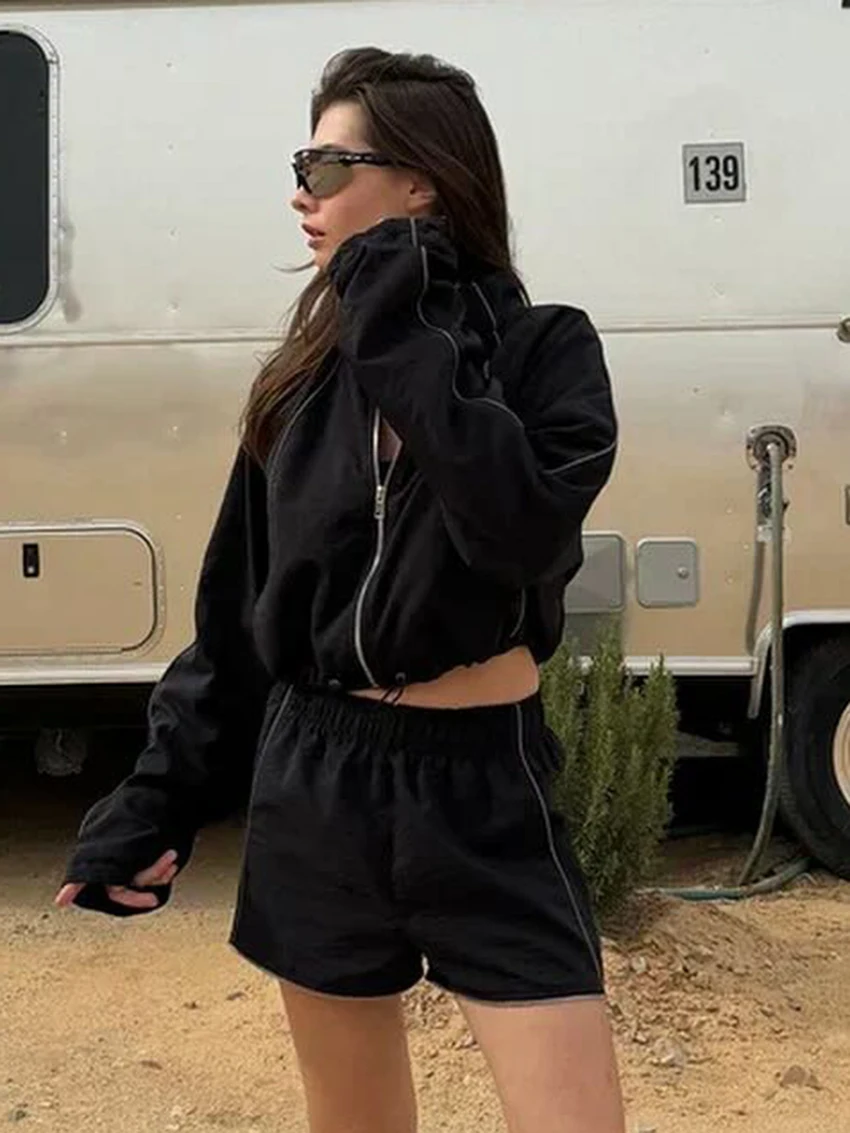 Marthaqiqi Causal Women Nightgowns Suit O-Neck Sleepwear Long Sleeve Pajamas Crop Top Nightie Shorts Black Ladies Nightwear Set