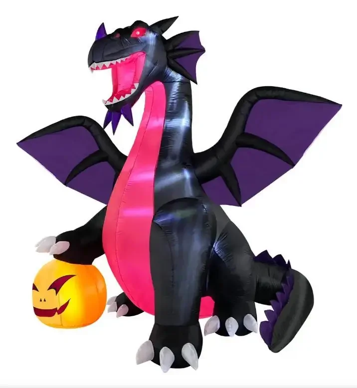 9ft / 2.7m Halloween Inflatable Black Dragon with Pumpkin, LED Light Up Giant Dragon Yard Decoration