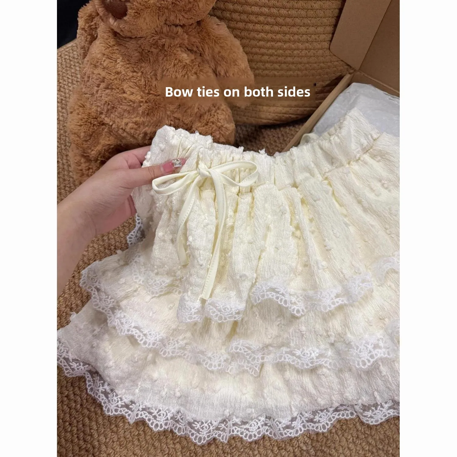 

High Waist Lace Trimmed Skirt for Women Sweet Spring Design Puffy f-length Skirts Korean Sle Commute Casual Wear