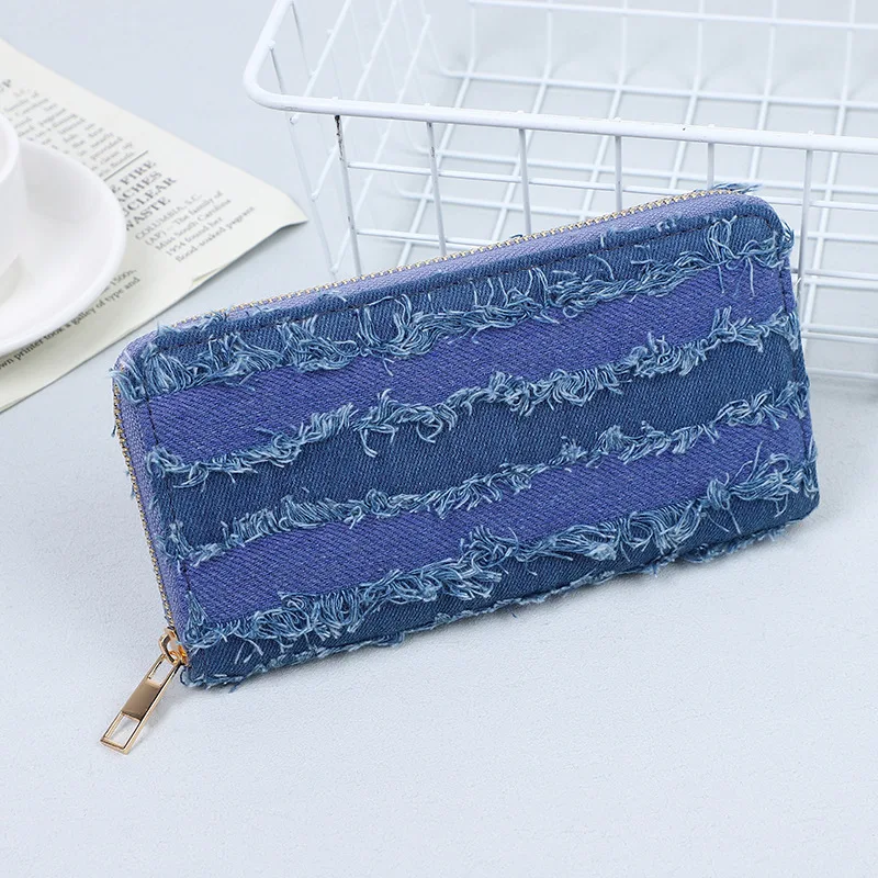 New Retro Patchwork Denim Wallet with A Single Handle Women\'s Long Wallet Card Holder for Women Girls Korean Style Wallet