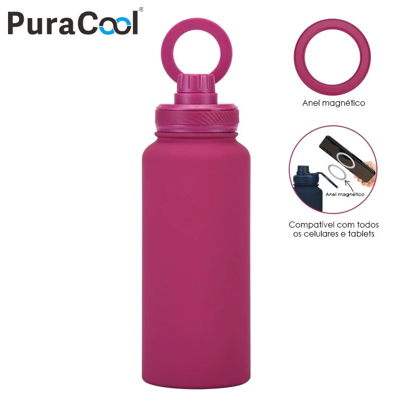 Squeeze Garrafa Térmica de Água 1000ml c/ Suporte Magnético p/ Celular - Gym/Carro, Base de Silicone