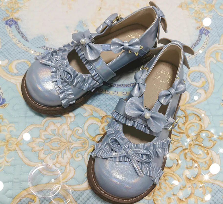 

Kawaii Girl Sweet Lolita Shoes Pearl Lace Bowknot Princess Kawaii Shoes Round Head Flat Heel Women Shoes Loli Cosplay Cos Lolita