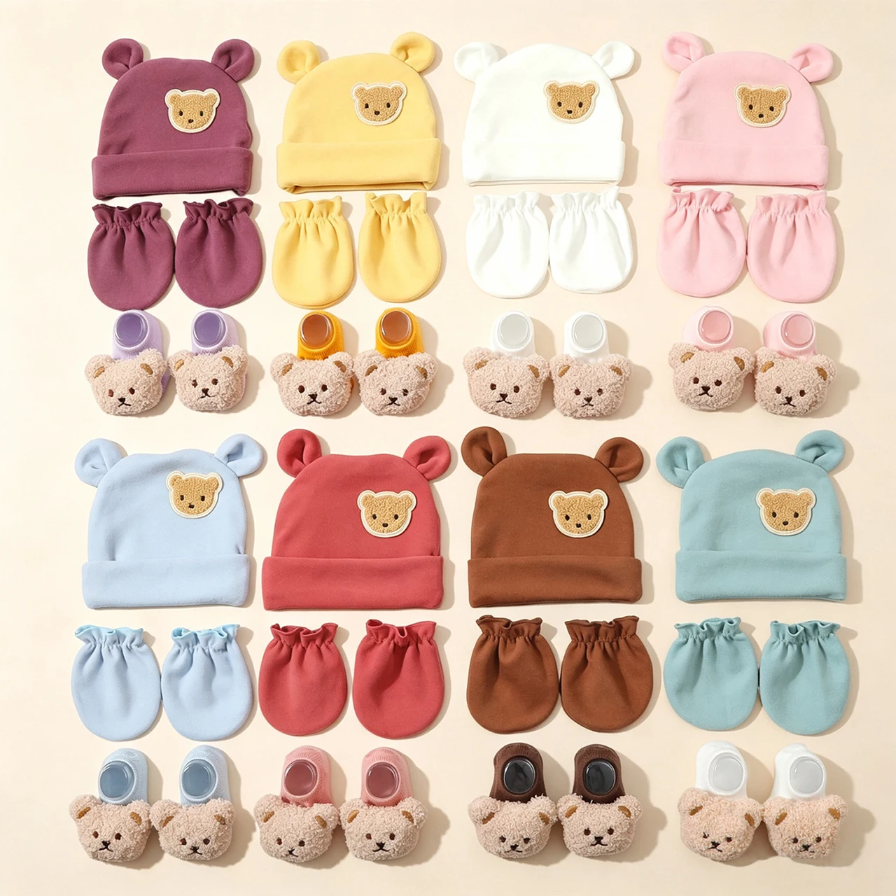 3pcs Baby Fetal Hat Gloves Socks Set Autumn Winter Newborn Warm Cap Elastic Infant Mittens Cute Bear Floor Sock Kids Beanies