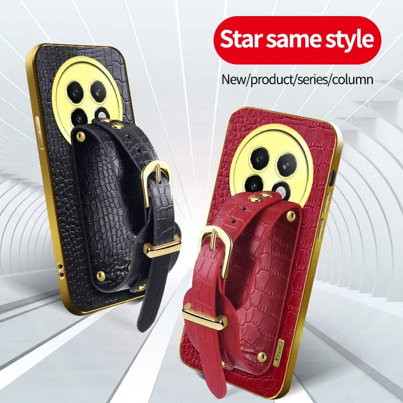

Crocodile Leather Phone Case Wrist Strap for Realme 13 10T 12x 14 Pro Lite 11 Pro Plus 5G 4G Wristband Holder Stand Cover Cases