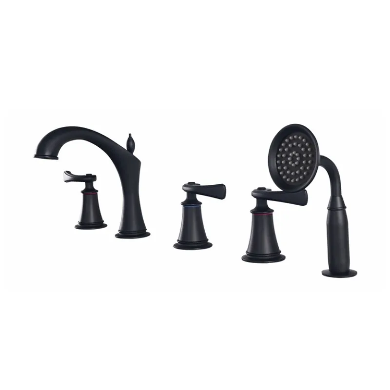 

Медный смеситель для ванны цилиндрической формы с пятью отверстиями, черно-золотой, для гостиничных проектов, с удлиненным изливом на четыре отверстия