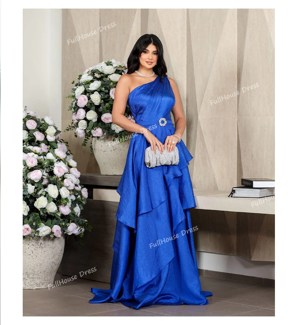 Gaun Malam Pesta Model A-line Berlipit Satu Bahu Klasik Buatan Khusus dengan Rumbai Panjang, Punggung Terbuka, dan Sabuk vestidos