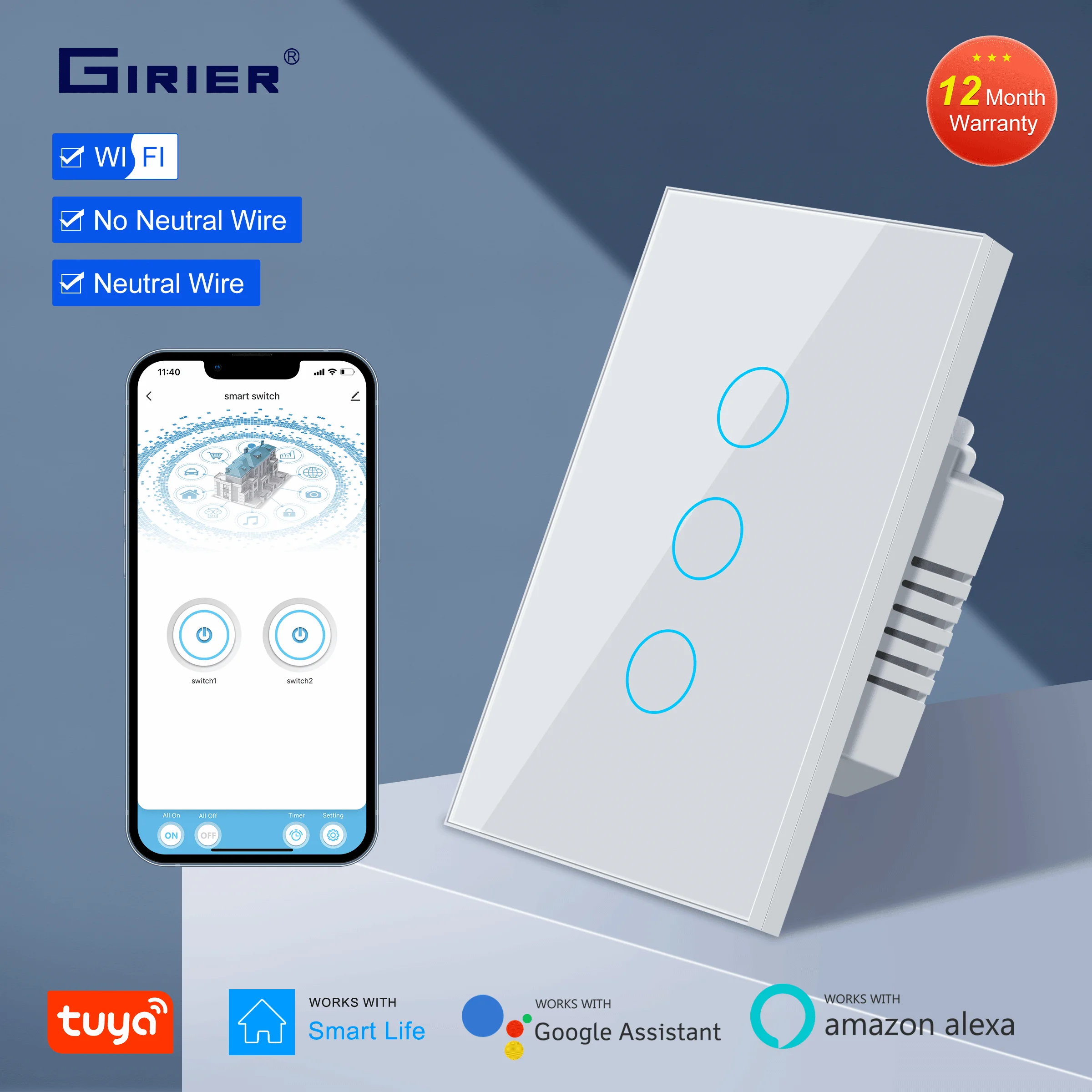 GIRIER Smart Light Switch US No Neutral Wire Required WiFi Touch Wall Switch US 100-240V 1 2 3 Gang Works with Alexa Hey Google