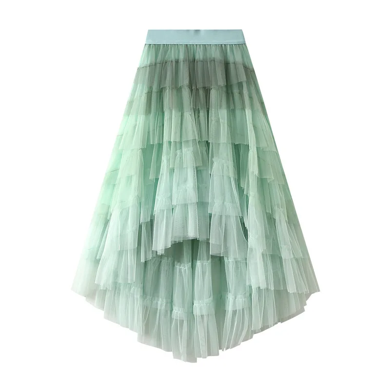 Women's Tulle Skirt Ruffle Multilayer Mesh A Line Tier Tutu Prom Irregular High Waisted Gradient Rainbow TulleLong Skirt 1379