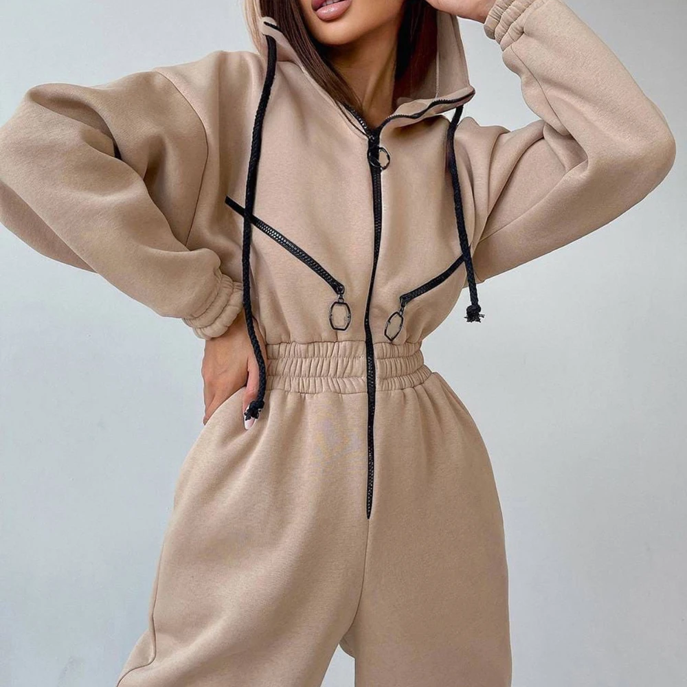 TWOTWINSTYLE Solid Minimalist Jumpsuits Set For Women Hooded Long Sleeve Spliced Zipper Tops High Waist Pant Chic  Set Female