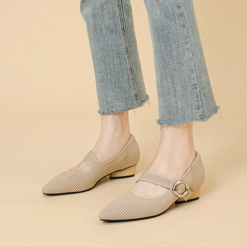 Women Mary Jane Shoes Pointed Toe 2024 Autumn New Shallow Ribbon Women Dress Shoes Large-size Knitted Mid-heel Shoes Ladies