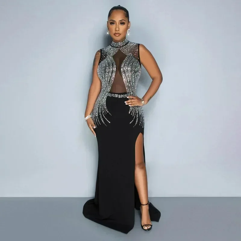 

GUWU Sexy Rhinestone Mesh See-through Patchwork Summer Women Long Maxi Dress Sleeveless Slit Bodycon Evening Party Dresses