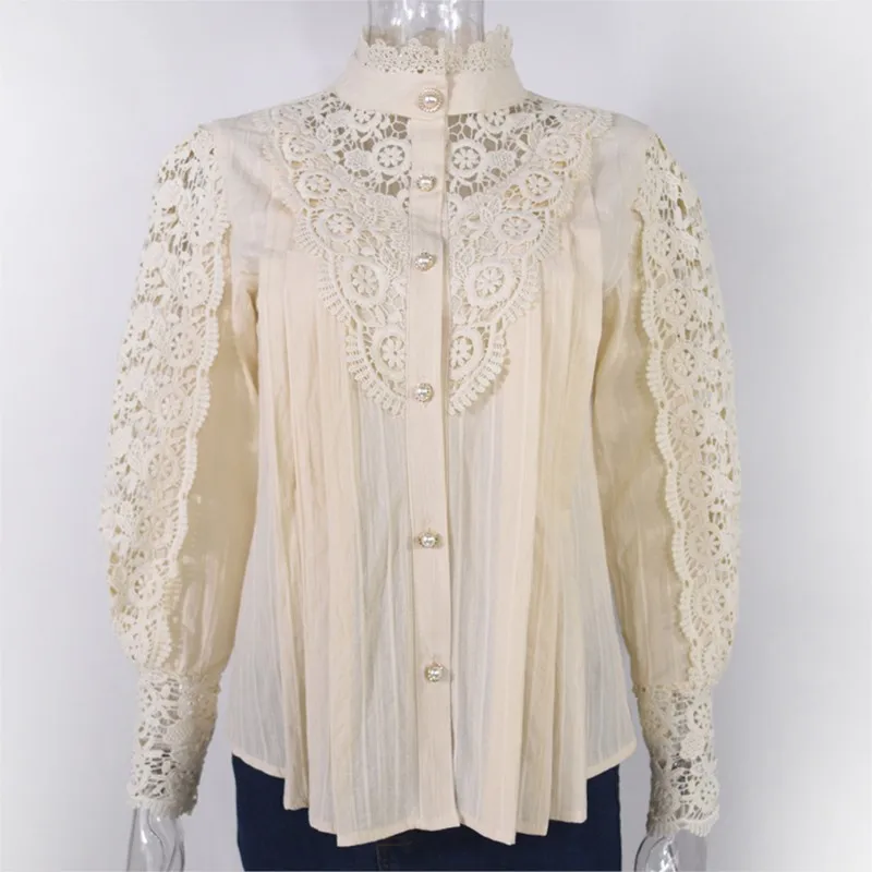 Blusa de renda branca para mulheres, sexy, manga comprida, botão pérola, flor, oco, malha transparente, tops, primavera e verão