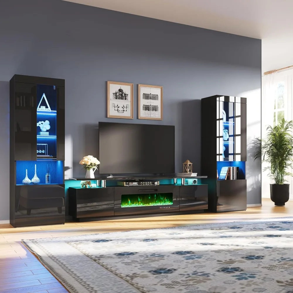 

Entertainment Center with Fireplace and Bookcases, Includes 80" 2-Tier TV Stand with 40" Fireplace, 2 X High Gloss Bookshelves