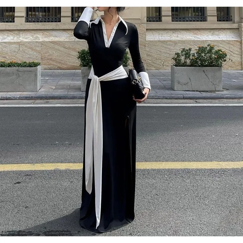 2025년 신상 부드럽고 우아한 여성용 배색 스트랩 V넥 슬릿 긴팔 드레스