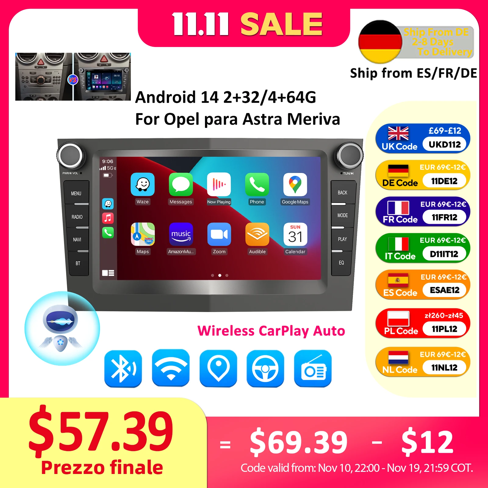 ESSGOO Autoradio Multimedia 4G 64G für Opel Astra Vectra Vauxhall Antara Zafira Corsa C D Vivaro Meriva Wireless CarPlay Auto