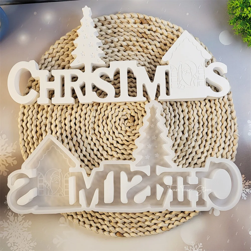 Christmas Home Decorations Ornament Silicone Mold New Year Party Candle Silicone Mould Xmas Word Candlestick Gypsum Cement Mould