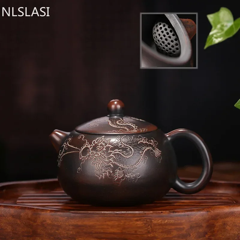 

Chinese Hand Carved Dragon Pattern Yixing Purple Clay Teapot Pure Handmade Colourful Mud Painted Xi Shi Pot Ball Hole Filter