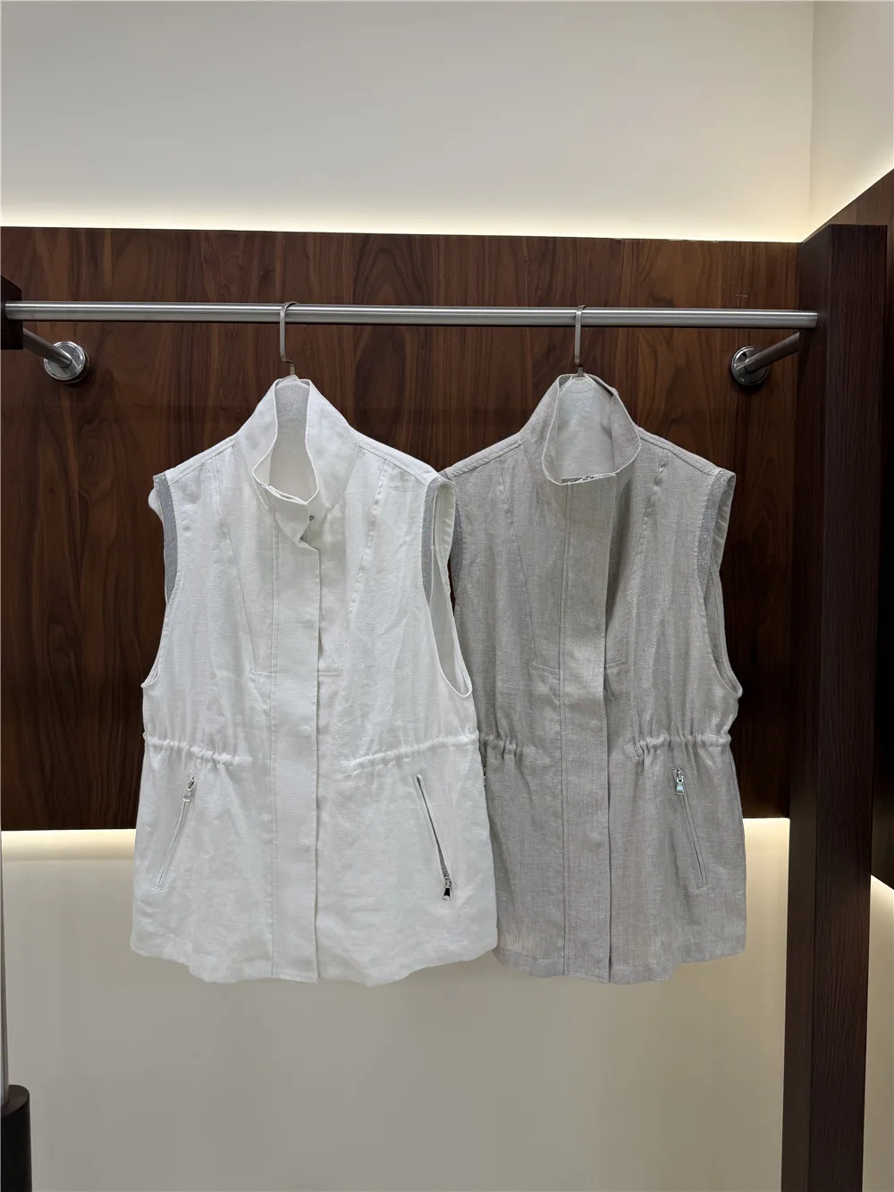 Women's Fitted Linen Sleeveless Vest Silver-Thread Linen with Bead Embellishment
