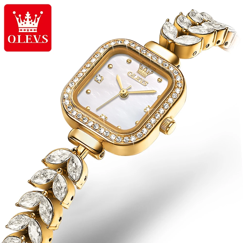 OLEVS Square Quartz Watch for Women Elegant Mermaid Stainless Steel Watchband Full Diamond Small Dial Luxury Ladies Wristwatches