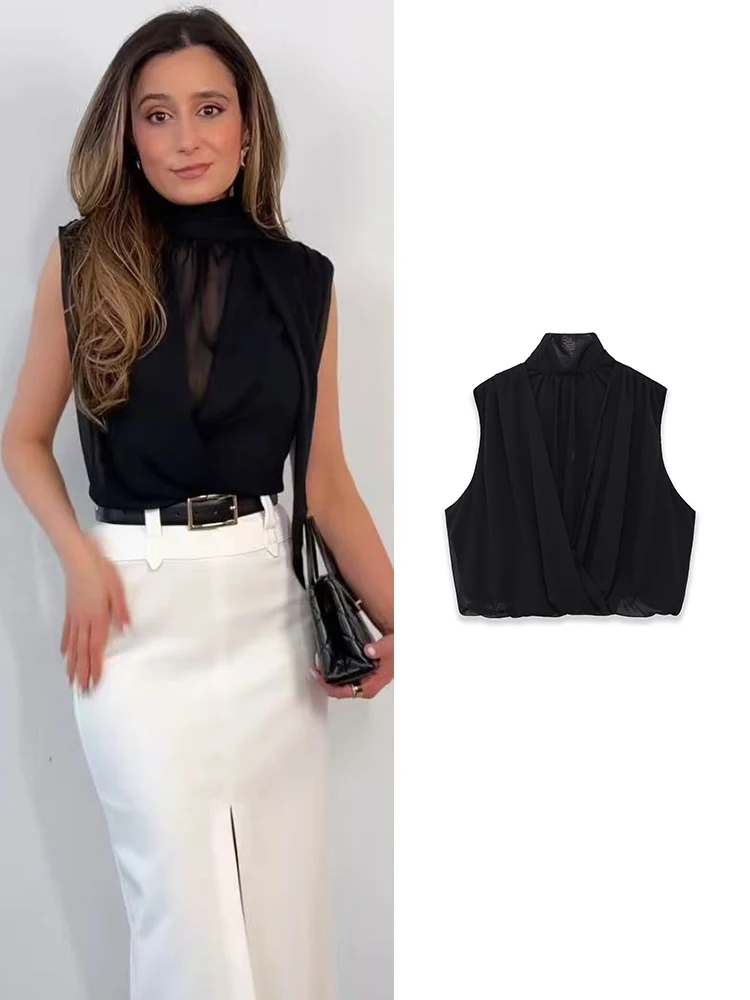 2026 Damen Schicke Weste mit Schleife, Lässige Ärmellose Rollkragen-Bluse, Elegante Schwarze Oberteile, Sommer Neue Mode Damen-Outfit