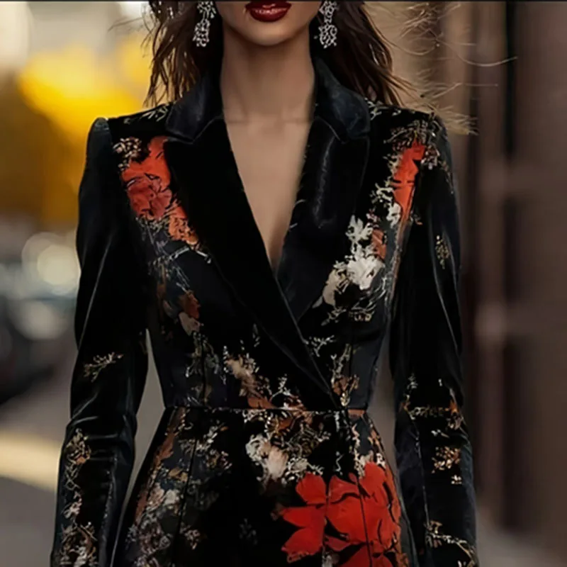 Vestido Retro elegante de terciopelo con estampado Floral para mujer, vestido ajustado de cintura alta con cuello en V, vestido de oficina de manga larga para Otoño e Invierno