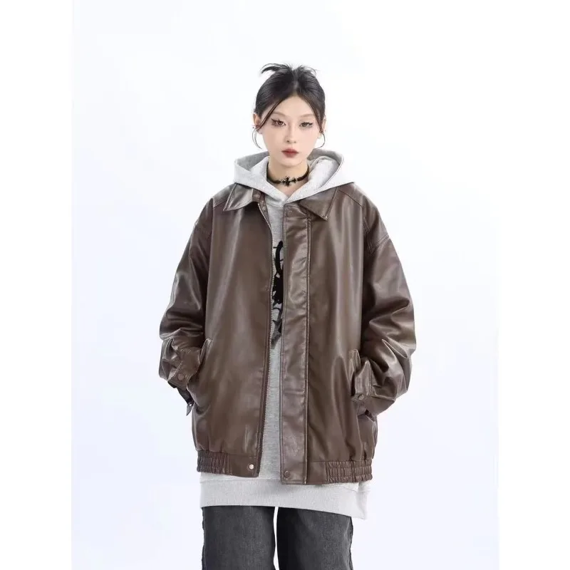 Women's Jacket Loose Long Sleeves Brown Lapels Zipper Leather Jacket Autumn Winter Casual Tops Black PU Leather Motorcycle Coat