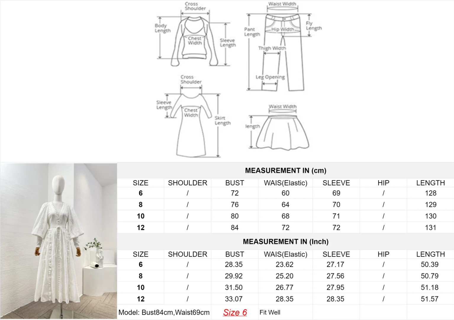 Re-tro White Hollow Out 2024 nuova collezione di abbigliamento donna abito longuette con lacci e maniche lunghe a lanterna di alta qualità