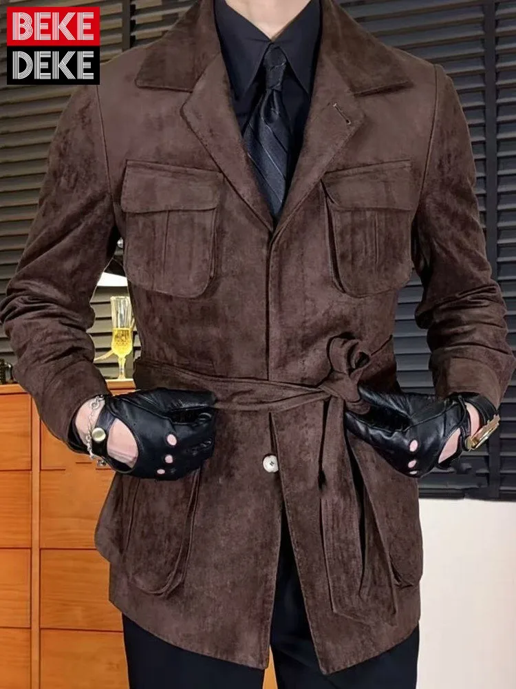 Men Multi Pocket Slim Fit Hunting Jacket Lapel Single Breasted Solid Color Jackets Fashion Retro Gentleman Sashes Outerwear Male